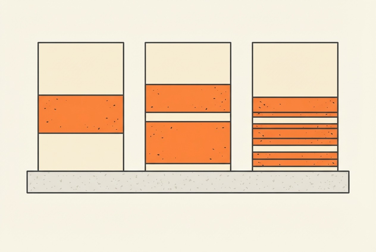 Layered cross-section of three garage floor coating systems side by side