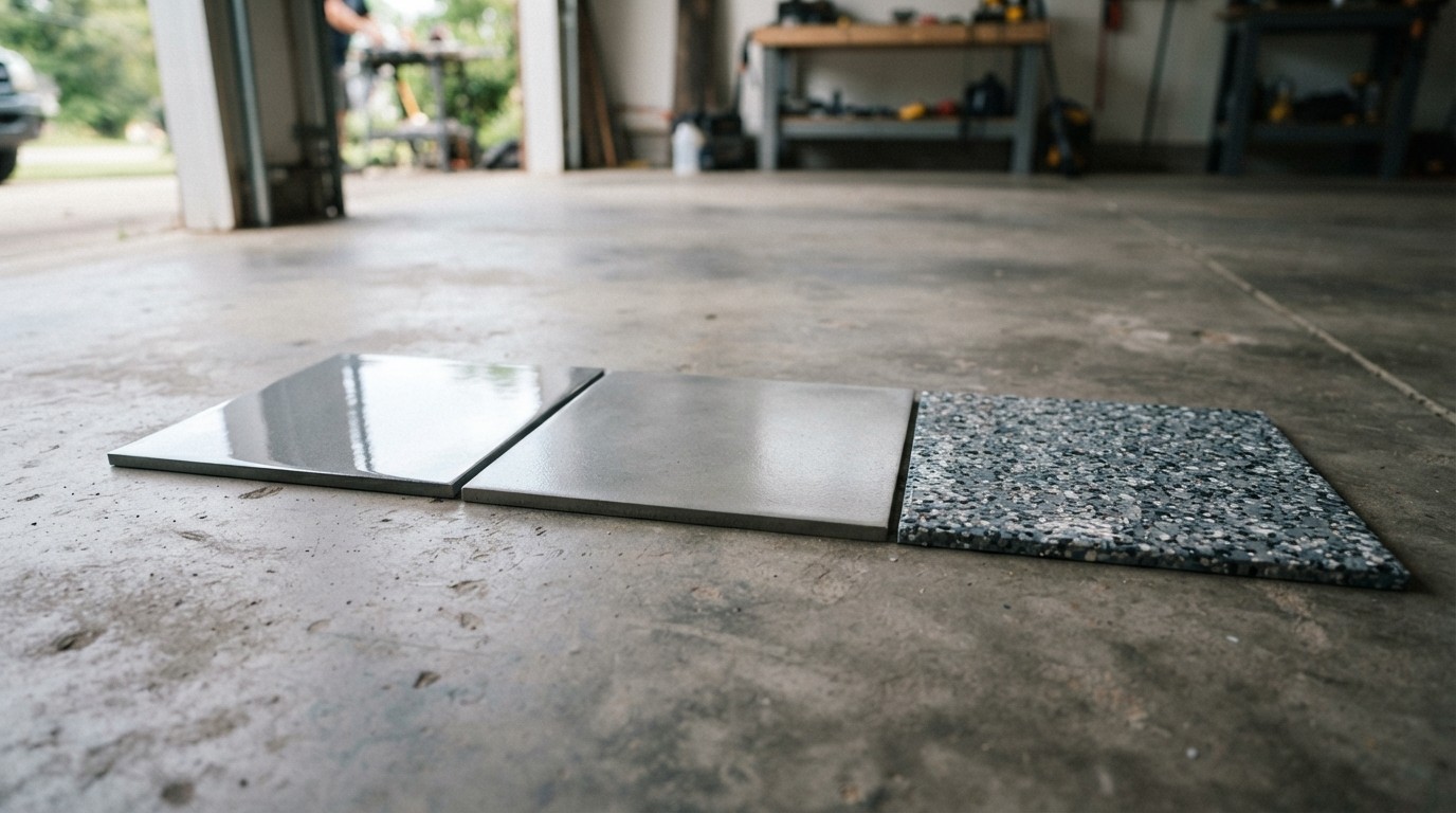 Three coated concrete sample squares in different finishes on a garage floor