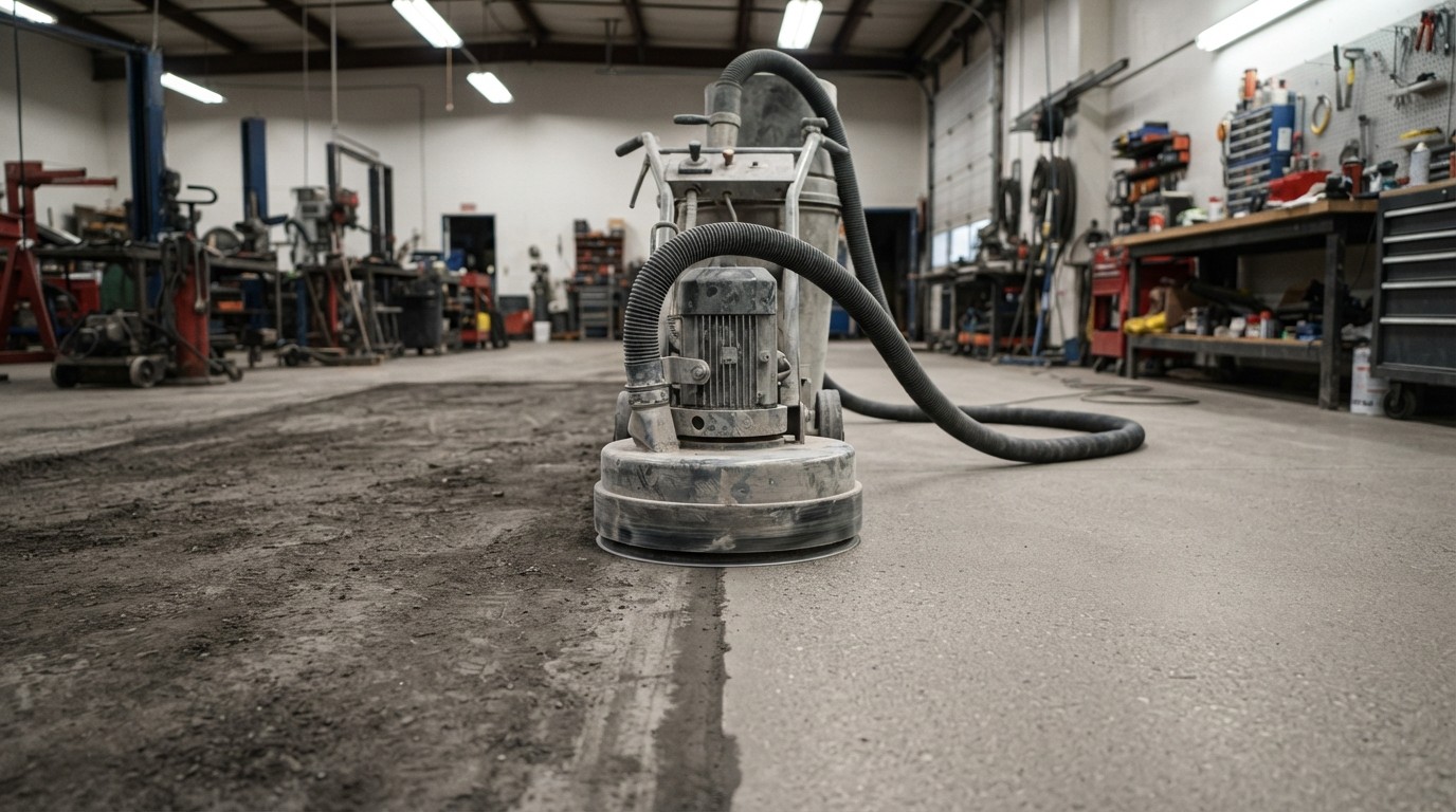 Concrete grinder with a dust shroud on a garage slab, half ground and half untouched