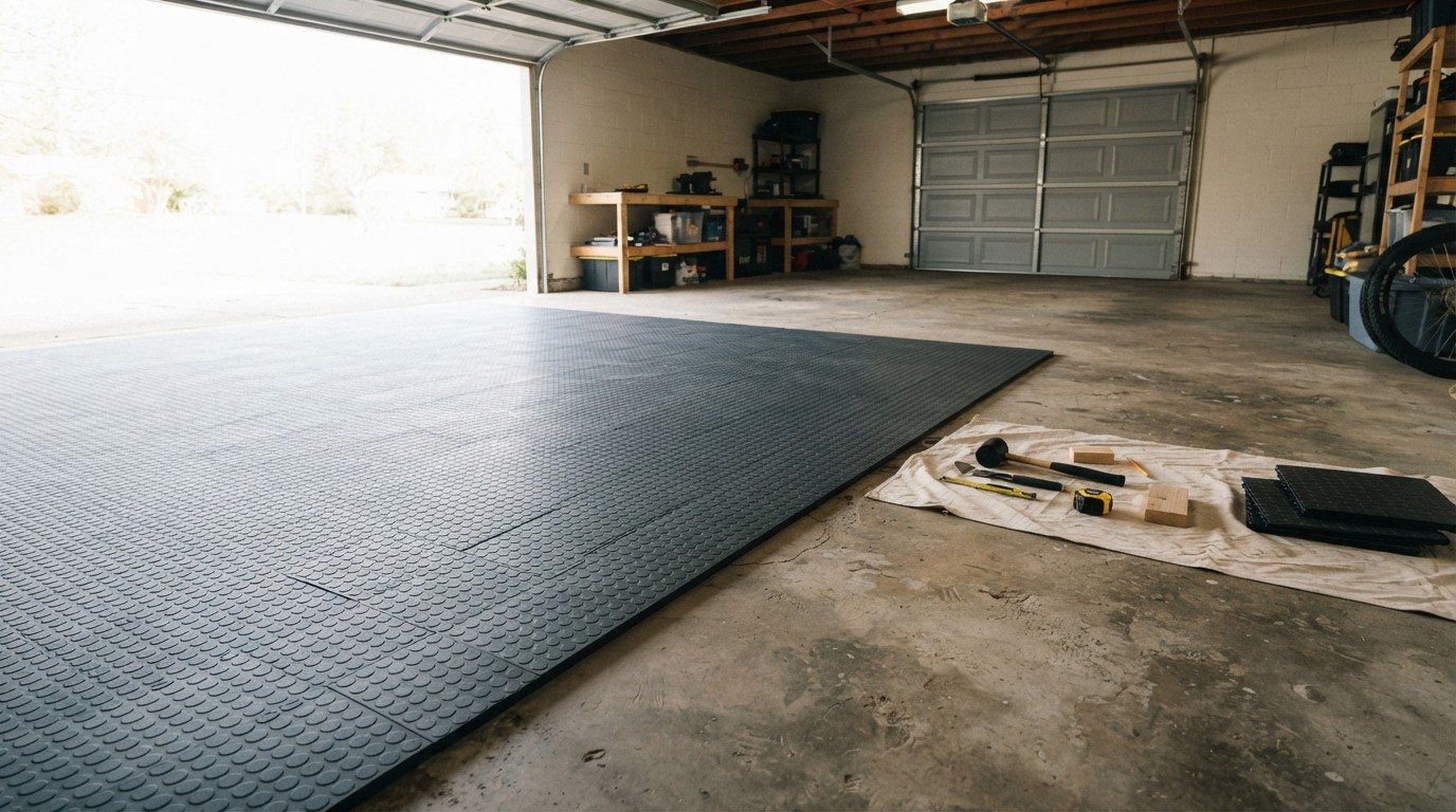 Interlocking garage floor tiles partly installed beside bare concrete