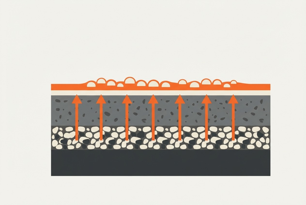 Slab cross-section with moisture rising through concrete into a bubbled coating