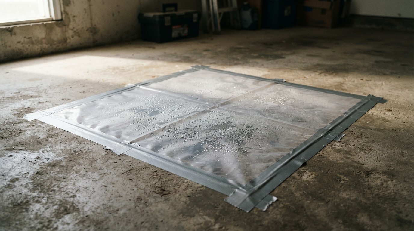 Clear plastic sheet taped to a concrete garage floor with condensation beneath it