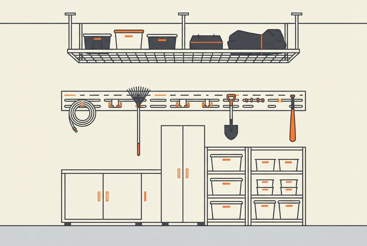 Garage wall elevation divided into overhead, eye-level and floor storage zones
