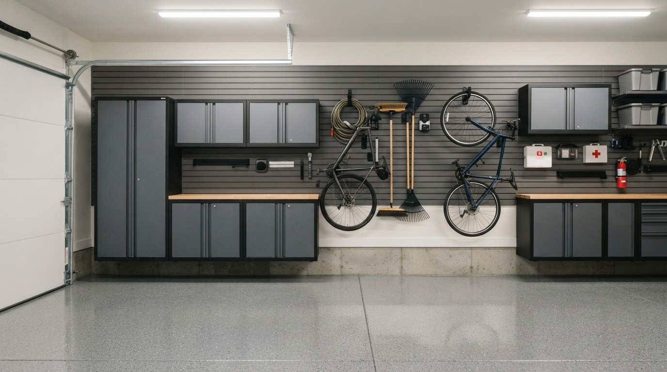 Tidy garage wall with track panels, cabinets, hooks and hanging bikes